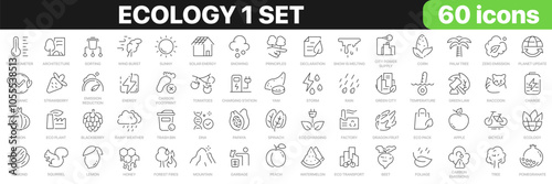 Ecology 1 set line icons collection. Environment, fruits, energy, nature, vegetables, animals, recycling icons. UI icon set. Thin outline icons pack. Vector illustration EPS10