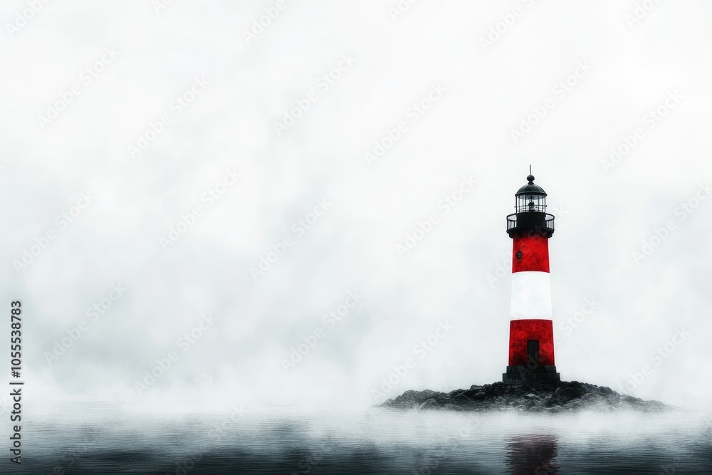A lighthouse is on a rocky island in the middle of a foggy sea A lighthouse is on a rocky island in the middle of a foggy sea