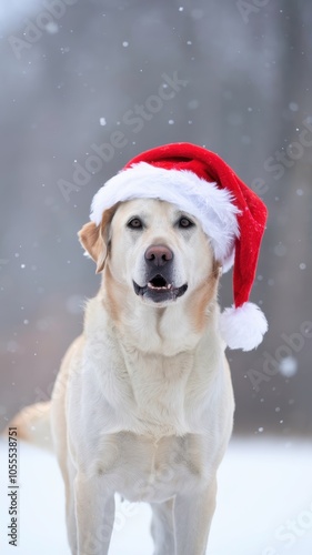 Golden Retriever in Santa Hat Standing in Snowy Winter Landscape