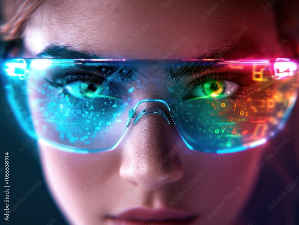 A close-up of a person wearing futuristic glasses with vibrant neon colors, displaying digital elements and intense, captivating eyes.