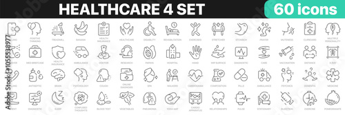 Healthcare 4 set line icons collection. Medicine, sport, psychology, pharmacy, ambulance, fitness icons. UI icon set. Thin outline icons pack. Vector illustration EPS10