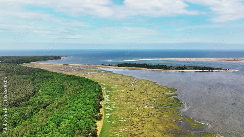 Aerial view of serene river tyne salt marsh with lush forest and coastline, Tynninghame, East Lothian, United Kingdom. Aerial view of serene river tyne salt marsh with lush forest and coastline, Tynninghame, East Lothian, United Kingdom.