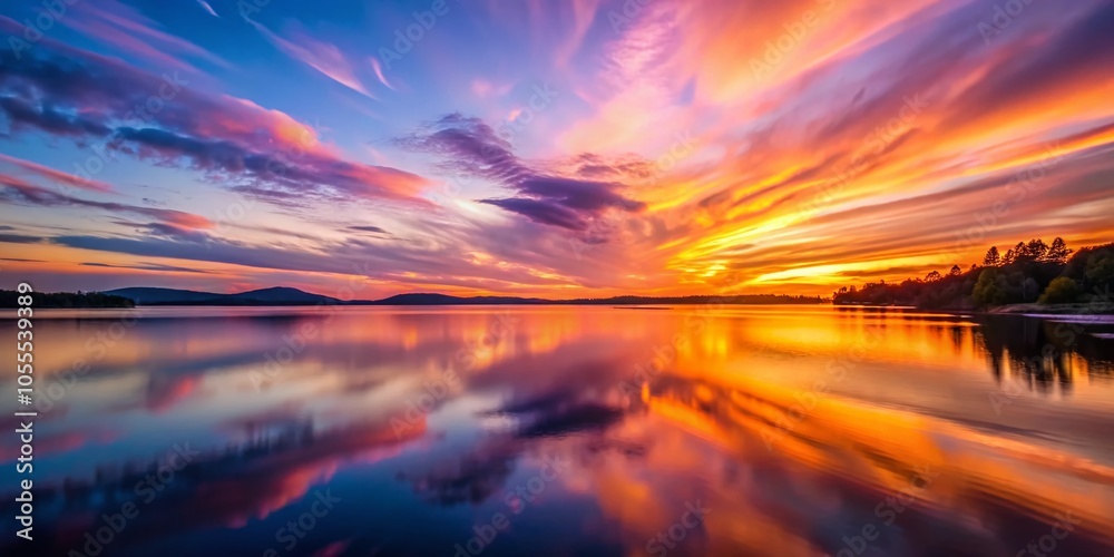 Stunning Long Exposure Sunset Over Calm Waters with Vibrant Colors and Silhouetted Horizon Stunning Long Exposure Sunset Over Calm Waters with Vibrant Colors and Silhouetted Horizon