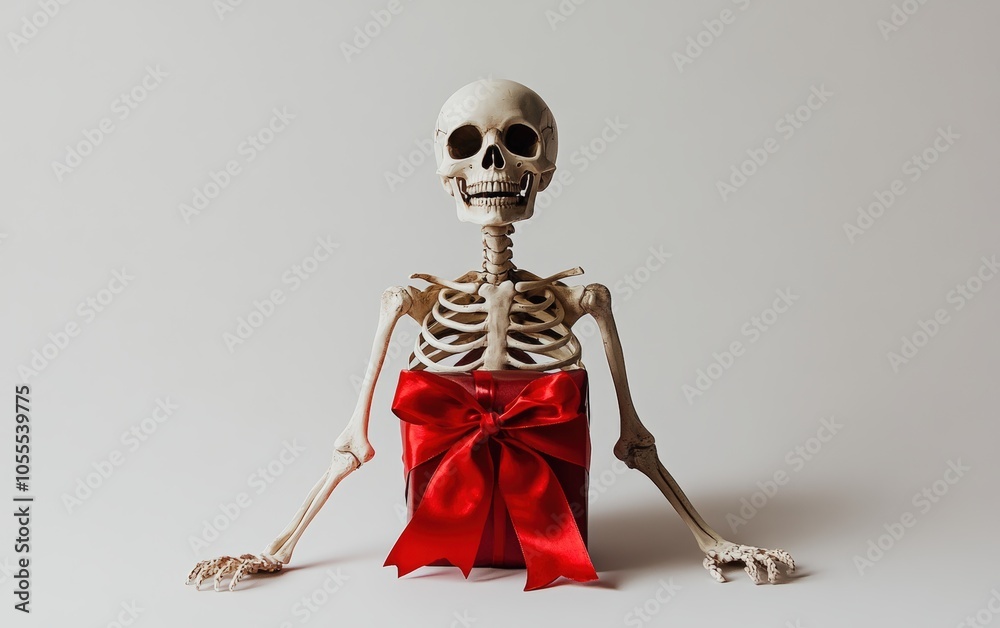 Obraz premium Gift-Wrapped Skeleton: A small skeleton with a big red bow around its middle, set against a plain white background, smiling with holiday cheer. 