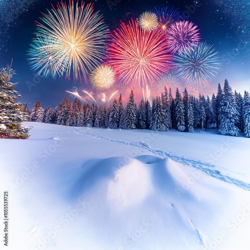 new year card new year s eve background with colorful party fireworks display on the sky outdoors in a winter landscape with snow and fir trees photo