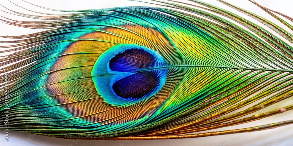 Obraz premium Stunning Macro Photography of Isolated Peacock Feather on White Background for Nature Lovers and Art Enthusiasts