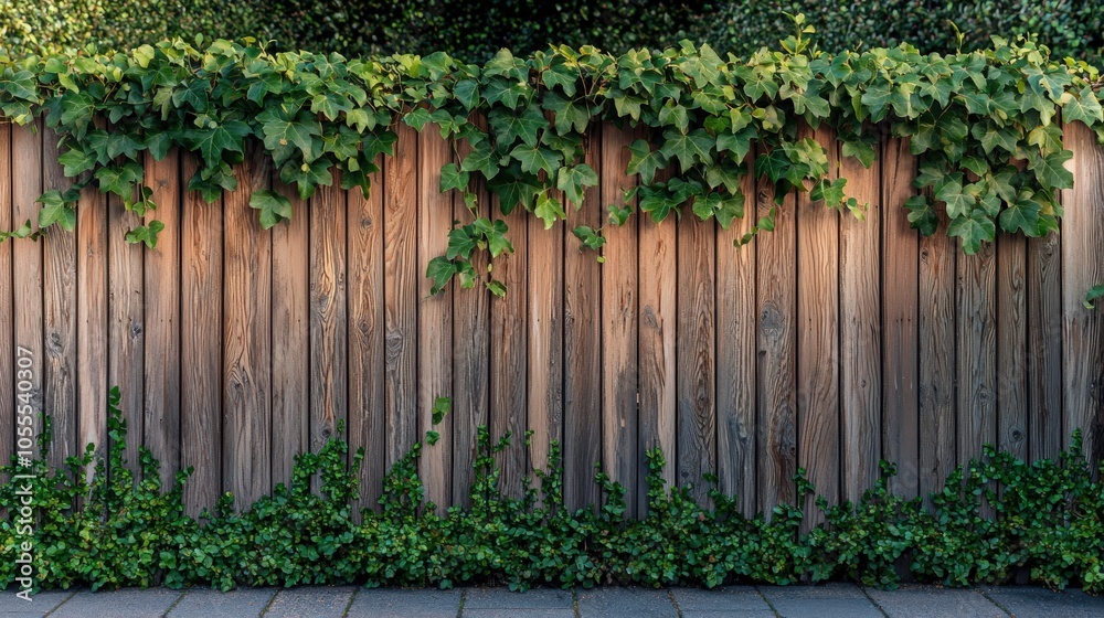 Wooden fence adorned with climbing ivy in a peaceful garden setting during daylight Wooden fence adorned with climbing ivy in a peaceful garden setting during daylight