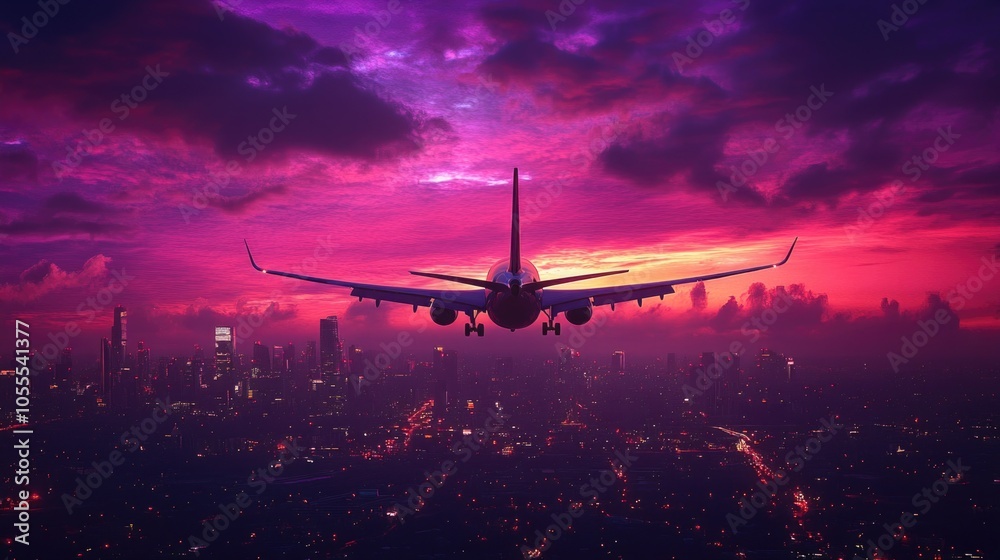 Airplane over city at sunset Airplane over city at sunset