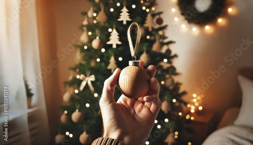 Hand displaying sustainable wooden ornament with softly blurred minimalist Christmas backdrop. Minimalist Christmas trees adorned with natural, eco-friendly decorations.