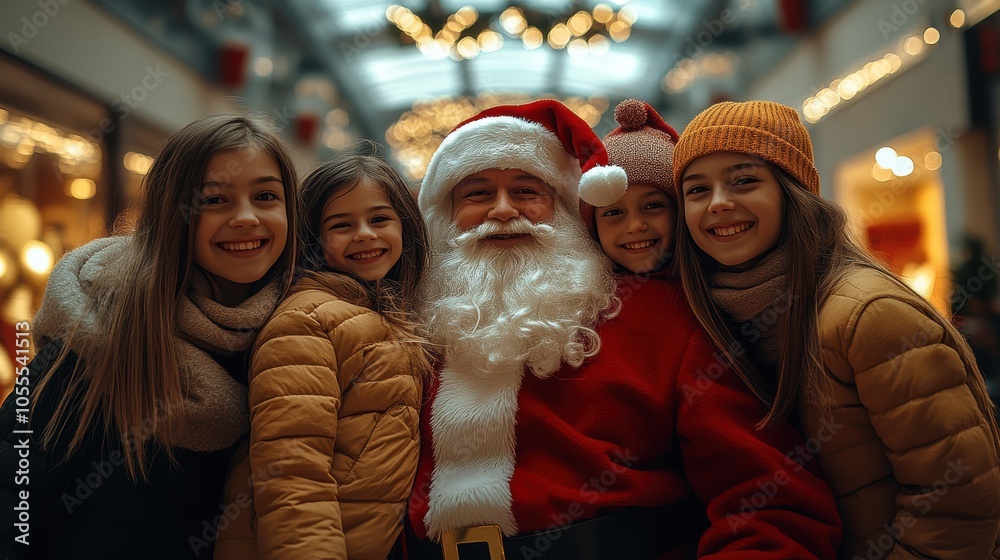 Santa with four joyful girls in winter coats at a festive indoor setting. Santa with four joyful girls in winter coats at a festive indoor setting.