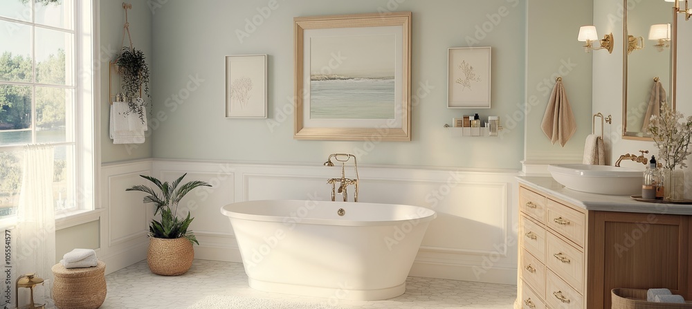 Bright and Airy Traditional Style Bathroom With Freestanding Tub, Large Windows, and Natural Light Bright and Airy Traditional Style Bathroom With Freestanding Tub, Large Windows, and Natural Light