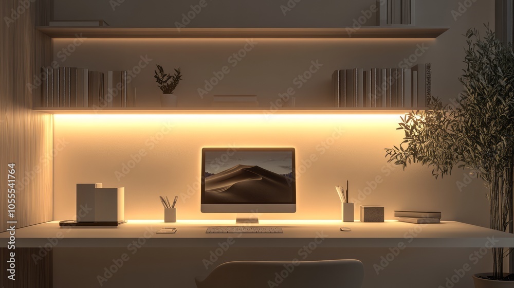 A sleek, minimalist workspace featuring a streamlined desk, simple shelving, and soft overhead lighting, where the soothing decor creates an ideal environment for focus and creativity A sleek, minimalist workspace featuring a streamlined desk, simple shelving, and soft overhead lighting, where the soothing decor creates an ideal environment for focus and creativity