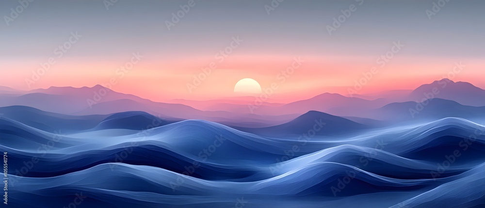 A serene sunset over rolling blue waves, creating a tranquil atmosphere with soft gradients of pink and purple in the sky, evoking feelings of peace and calm. A serene sunset over rolling blue waves, creating a tranquil atmosphere with soft gradients of pink and purple in the sky, evoking feelings of peace and calm.