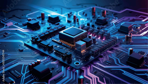 Abstract AI circuit board background. Technology connected blue lines with electronics elements on tech bg. Computer motherboard with a chip, processor, and semiconductor.