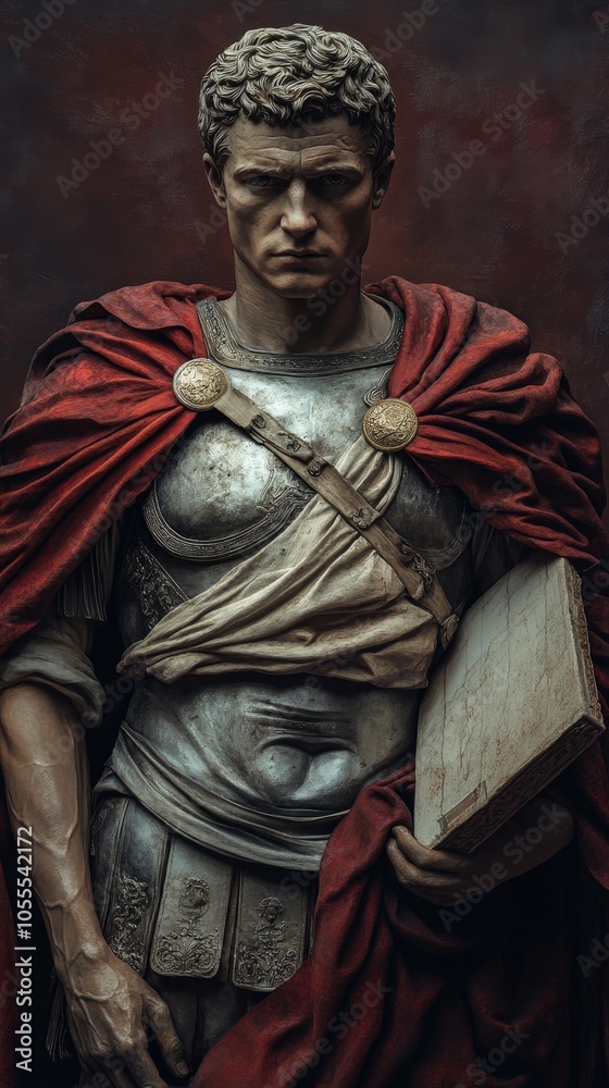 A majestic statue of a Roman warrior dressed in armor and a red cloak, exuding strength and historical significance. A majestic statue of a Roman warrior dressed in armor and a red cloak, exuding strength and historical significance.