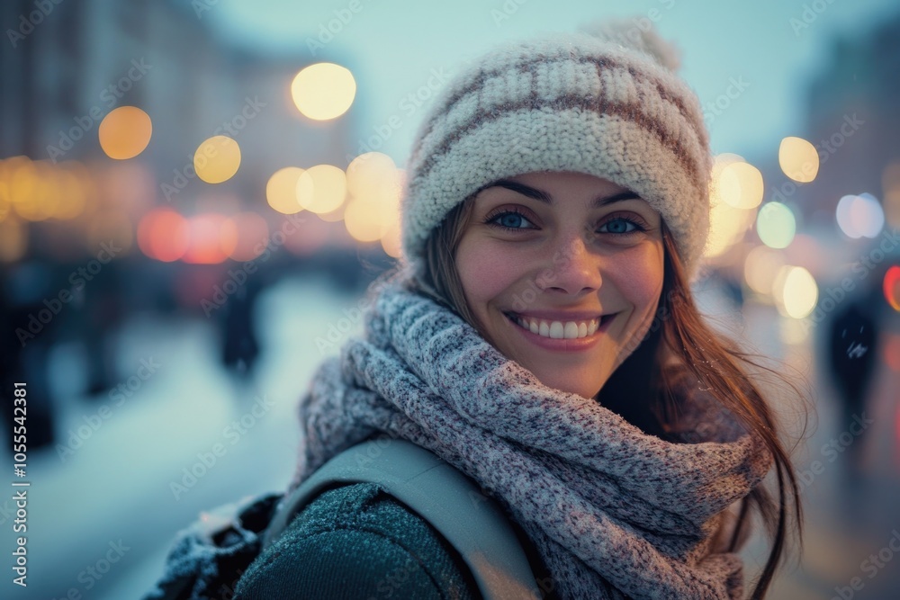 Woman with hat and scarf smiling Woman with hat and scarf smiling