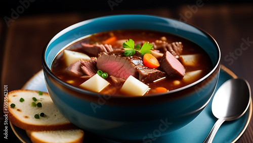 tasty beef soup served cut piece meat photo