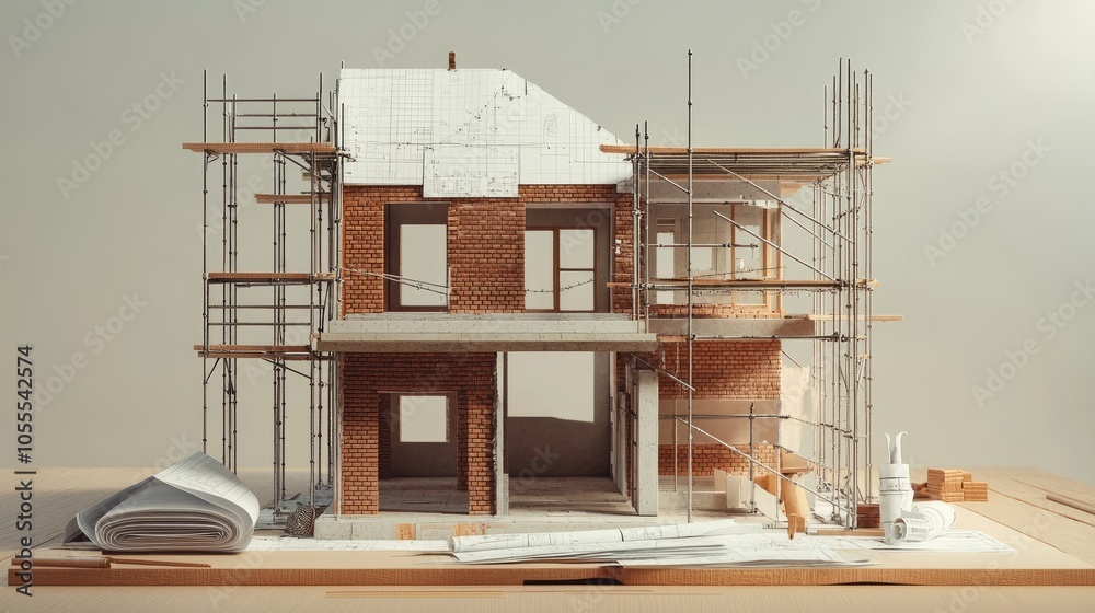 A partially constructed house with bricks, blueprints, and scaffolding, symbolizing the detailed process of home building.