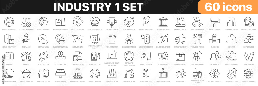 Industry 1 set line icons collection. Construction, manufacture, factory, energy, logistics, tools icons. UI icon set. Thin outline icons pack. Vector illustration EPS10 Industry 1 set line icons collection. Construction, manufacture, factory, energy, logistics, tools icons. UI icon set. Thin outline icons pack. Vector illustration EPS10