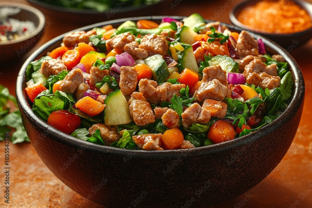 A Bowl of Salad with Meat, Vegetables, and Herbs A Bowl of Salad with Meat, Vegetables, and Herbs