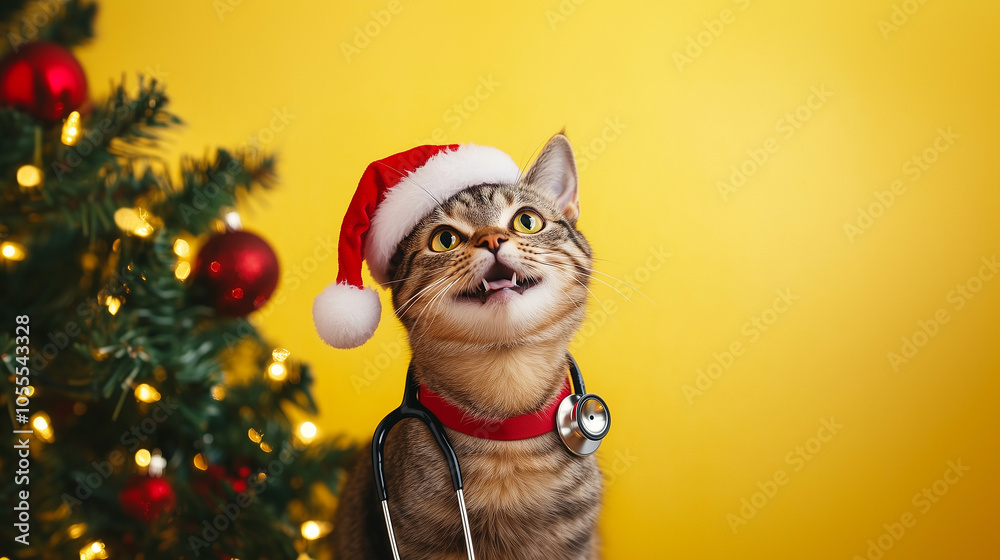 Adorable Tabby Cat Wearing Santa Hat with Copy Space, Perfect for Veterinary Holiday Themes and Festive Pet Care Promotions Adorable Tabby Cat Wearing Santa Hat with Copy Space, Perfect for Veterinary Holiday Themes and Festive Pet Care Promotions