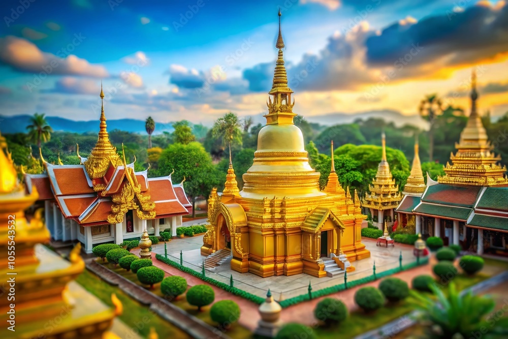 Fototapeta premium Stunning Tilt-Shift Photography of Wat Phra That Hariphunchai Golden Pagoda in Lamphun Province, Thailand, Showcasing