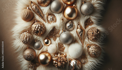 Elegant Christmas Decorations on Plush White Fur Background