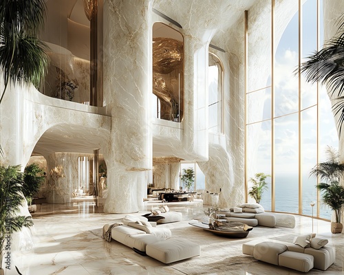 Airy penthouse living room featuring massive windows, designed with luxurious materials and modern aesthetics for a breathtaking atmosphere