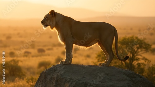 lion standing on a rock at sunset photo