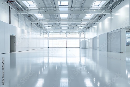 photo of an empty exhibition stand located in a spacious exhibition hall featuring a clean white