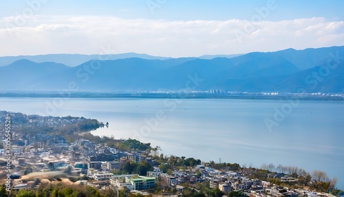 Panoramic view of Qionghai Lake, the sea merges with the sky, breathtaking beauty. photo