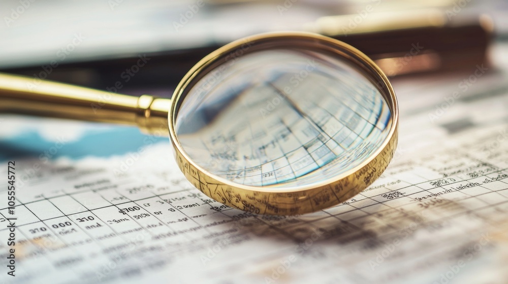 A Magnifying Glass Positioned Over Financial Charts and Comprehensive Data Analysis for Better Insights
