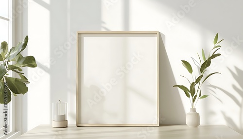 A minimalist interior scene featuring a blank frame and potted plants.