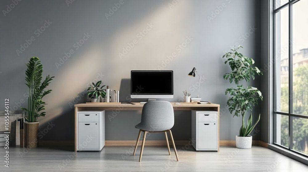 A calming work area with light gray walls, a minimalist desk setup, and soft task lighting A calming work area with light gray walls, a minimalist desk setup, and soft task lighting