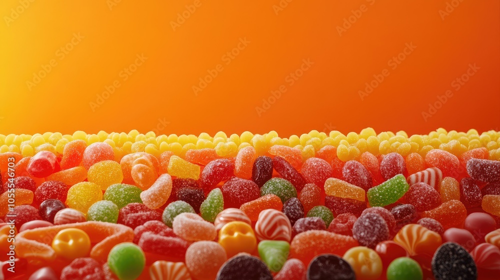 A vibrant display of assorted candies on a bright orange background, inviting and cheerful. Perfect space for adding text or a label. A vibrant display of assorted candies on a bright orange background, inviting and cheerful. Perfect space for adding text or a label.