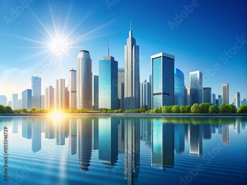 Sunny Cityscape with Glass Skyscrapers and Water Reflection - Modern Business Center Skyline