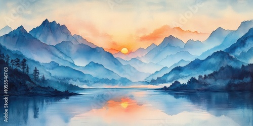 Watercolor painting of sunset over blue mountains and lake.