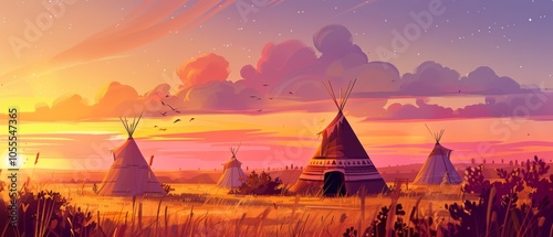 AI-generated illustration of a stunning prairie landscape at sunset, featuring traditional tipis