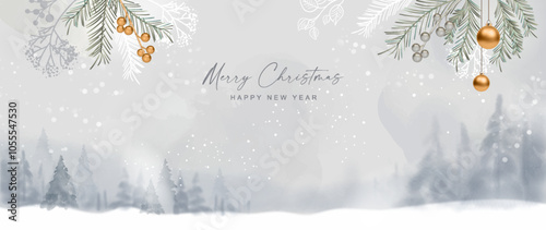 Christmas winter watercolor landscape. Merry Christmas and New Year banner