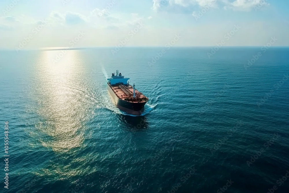 Oil tanker underway towards open sea. Crude oil tanker ship, a merchant ship specially designed for chemical products transportation. Aerial view. Generative ai Oil tanker underway towards open sea. Crude oil tanker ship, a merchant ship specially designed for chemical products transportation. Aerial view. Generative ai