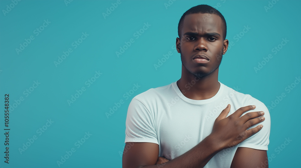 Fototapeta premium Portrait of a young man smiling with arms crossed, against blue studio background