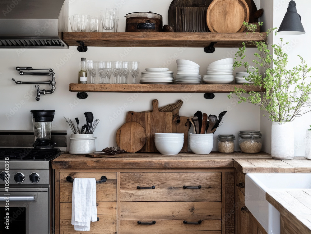 A farmhouse-style kitchen with rustic wooden cabinetry, vintage fixtures, and open shelving displaying dishes and glassware. A farmhouse-style kitchen with rustic wooden cabinetry, vintage fixtures, and open shelving displaying dishes and glassware.