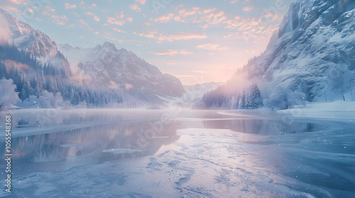 Gefrorener See mit verschneiten Bergen bei Sonnenaufgang