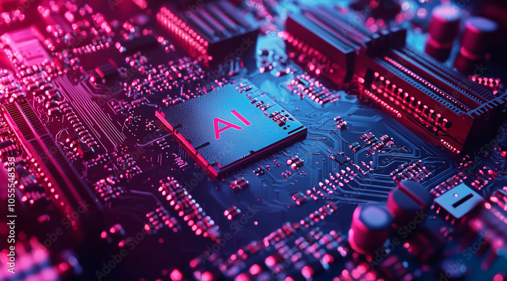 motherboard with ai written on it. Concept AI (Artificial Intelligence) technology, chip IC on PCB, PCB circuit board, microprocessor motherboard with ai written on it. Concept AI (Artificial Intelligence) technology, chip IC on PCB, PCB circuit board, microprocessor
