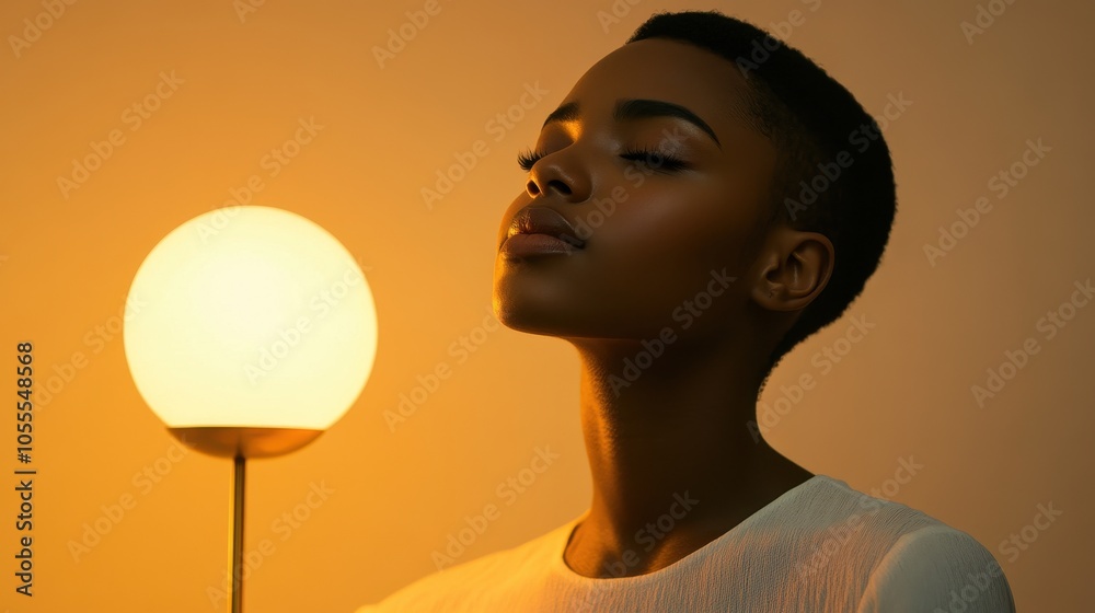 A young Black woman stands beside a minimalist lamp, exuding calmness in a softly lit room A young Black woman stands beside a minimalist lamp, exuding calmness in a softly lit room
