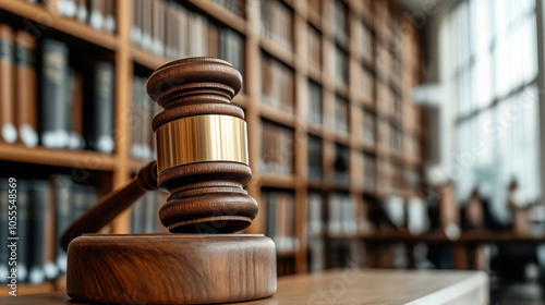 Close-up of a wooden judge's gavel resting on a desk with a library background filled with bookshelves and legal volumes. photo