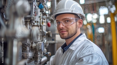 A Man in a White Lab Coat and Hard Hat Stands in a Factory Setting