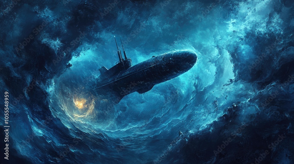 Submarine emerging from the depths of the ocean, surrounded by swirls of dark blue water. Submarine emerging from the depths of the ocean, surrounded by swirls of dark blue water.