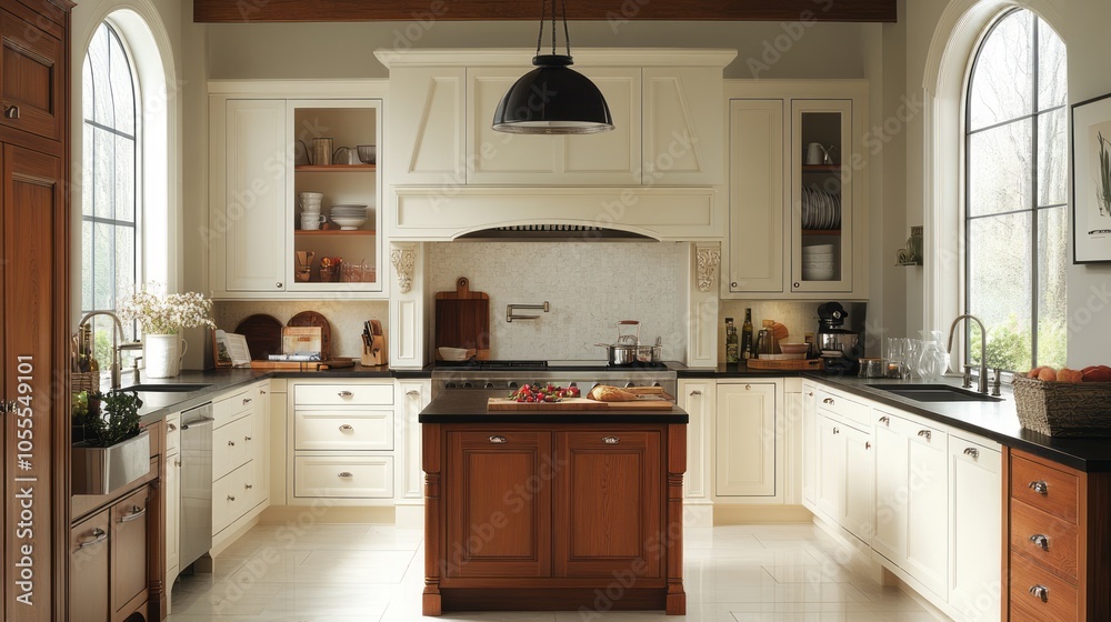 A classic kitchen with a harmonious blend of modern amenities and traditional style, featuring elegant finishes and ample storage for summer cooking essentials A classic kitchen with a harmonious blend of modern amenities and traditional style, featuring elegant finishes and ample storage for summer cooking essentials