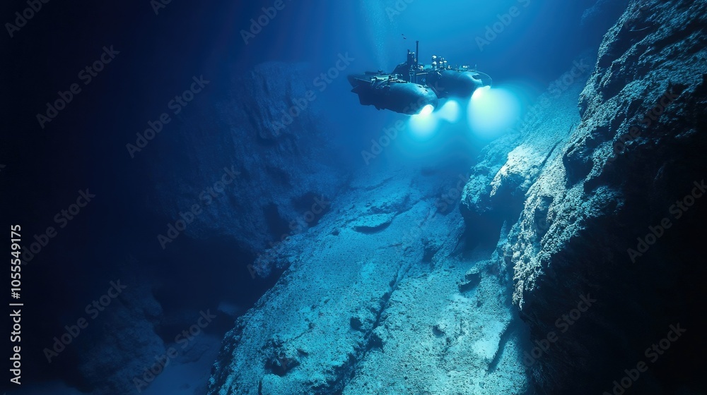 Fototapeta premium Submarine in the Mariana Trench, descending into the Earth deepest point.